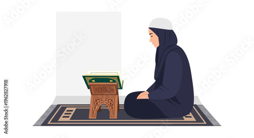 Muslim woman praying on a prayer mat with Quran.