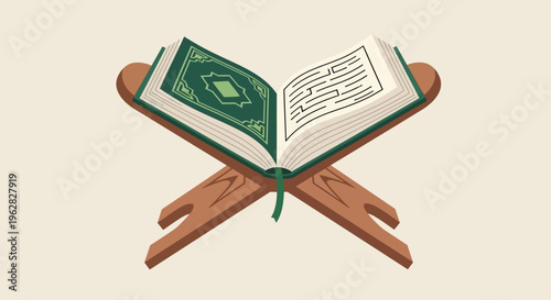Open Holy Quran on a wooden rehal for religious study.