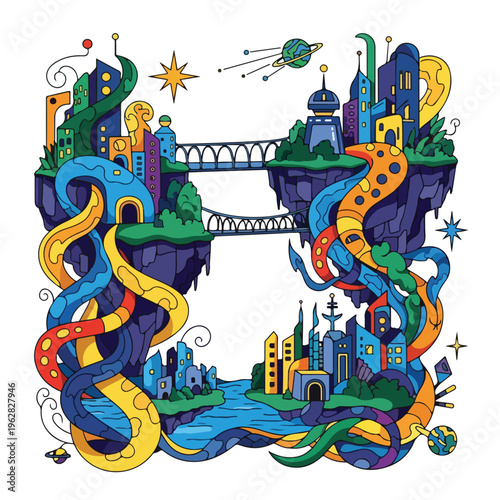 Colorful, whimsical illustration of floating islands with cities and swirling elements