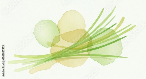 Delicate Watercolor Illustration of Green Onions with Soft Pale Colors