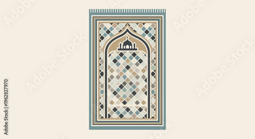 Traditional Islamic Prayer Rug with Geometric Patterns and Arch Design.