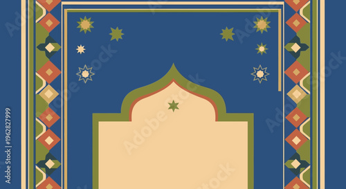 Traditional Islamic Prayer Rug with Intricate Geometric Patterns and Arch Design.