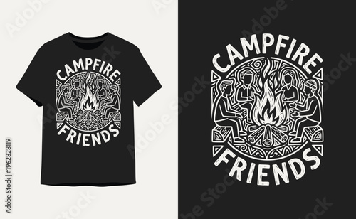 Retro Woodcut Style Campfire Friends Outdoor Adventure Graphic for T-shirt