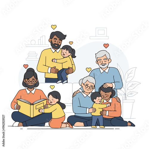 Illustration of a family embracing and interacting together in a loving way