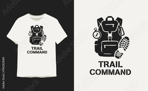 Trail Command Outdoor Adventure T-shirt Design with Backpack and Compass Illustration
