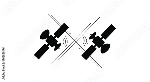 Two black satellite objects are depicted against a white backdrop, connected by thin lines and signal waves, illustrating communication networks.