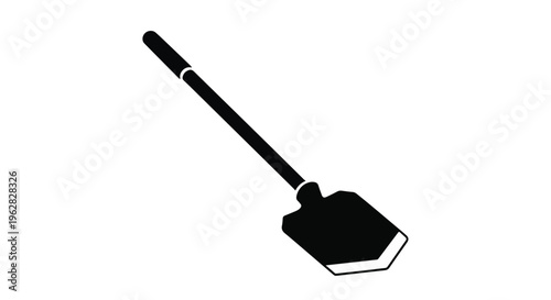 Black shovel with a long handle is isolated on a plain white background, representing tools for work or outdoor activities.