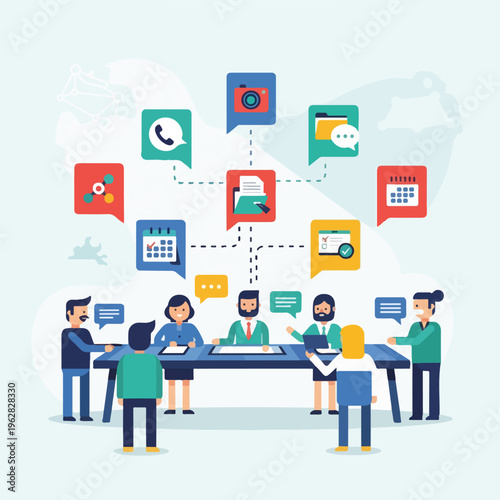 Group around a table and floating media icons