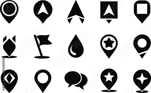 Black Location Pin Icons with Navigation and Communication Symbols map marker geolocation