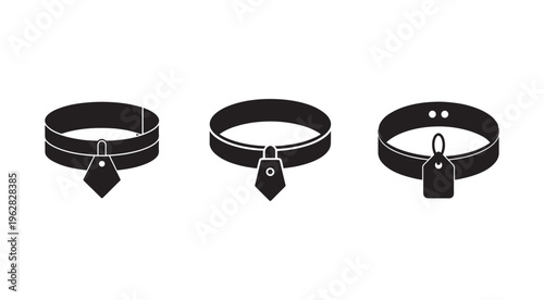 Collection of black pet collar designs with tags and buckles  pet accessories  animal collars