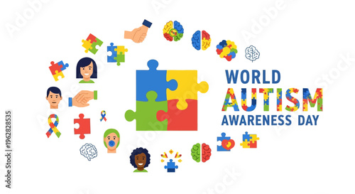 Colorful illustration for World Autism Awareness Day featuring puzzle pieces and diverse icons on a white background.