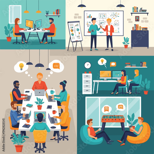 Four vignettes depicting various collaborative work environments with diverse people