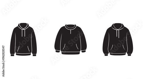 Collection of three black hooded sweatshirts with different designs and features on white background  front views