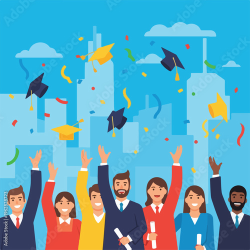 Group celebrates graduation, throwing caps amidst city skyline