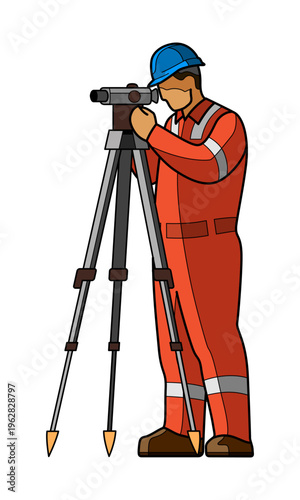 Surveyor or construction engineer using a theodolite mounted on a tripod. The worker is dressed in bright red protective overalls. Vector isolated illustration