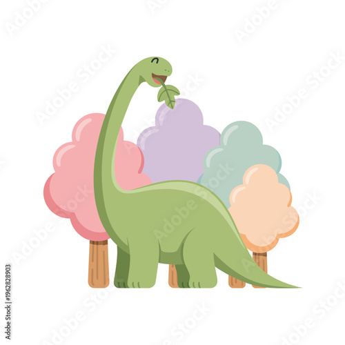 Cute cartoon green diplodocus dinosaur character eating a leafy branch amidst stylized pastel colored trees in a whimsical vector illustration for childrens nursery art