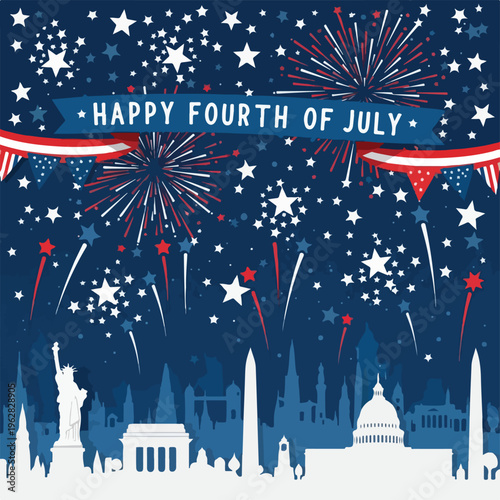 Fourth of July celebration with fireworks, cityscape, and festive banner