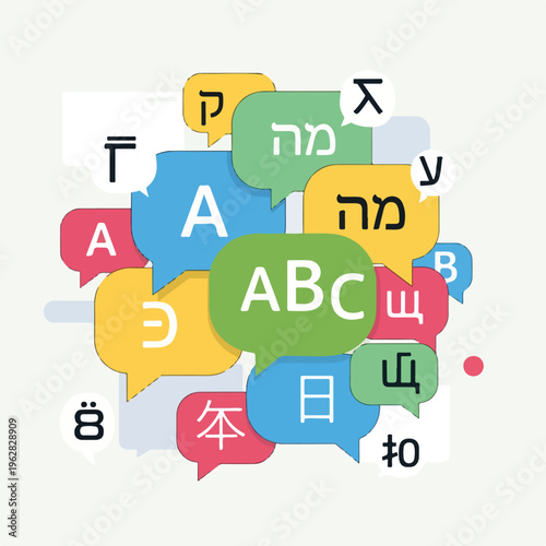 Colorful speech bubbles with various characters and letters representing languages