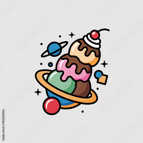 Whimsical space ice cream planet illustration featuring multicolored scoops topped with a cherry and orbiting saturn rings in a creative flat design vector graphic style