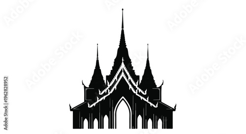 Silhouette of a magnificent dark temple with intricate spires and arched entryways stands starkly against a pure white background, evoking a sense of ancient grandeur and mystery.