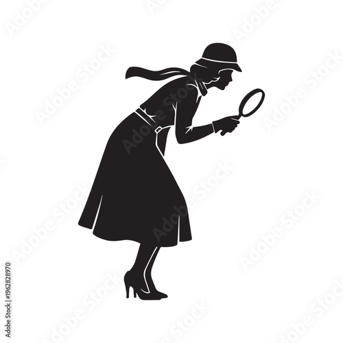Vintage Silhouette of a Woman Investigator Looking Through a Magnifying Glass for Clues
