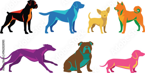 Colorful dog breeds vector illustration set with different poses domestic pet animals flat design collection isolated
