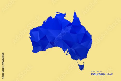 Australia Map - Low poly polygon map in deep blue gradient on soft beige background, modern minimal geometric design, clean abstract vector illustration with faceted triangulated style.
