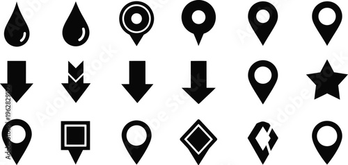 Collection of black vector icons including drops, arrows, and map markers Keywords: icon, set, collection, symbol, graphic, design, vector