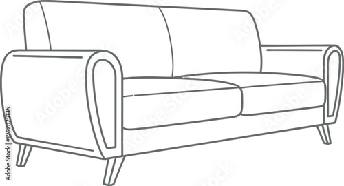 Minimalist black and white line art illustration of a comfortable modern two-seater sofa design isolated on a white background.