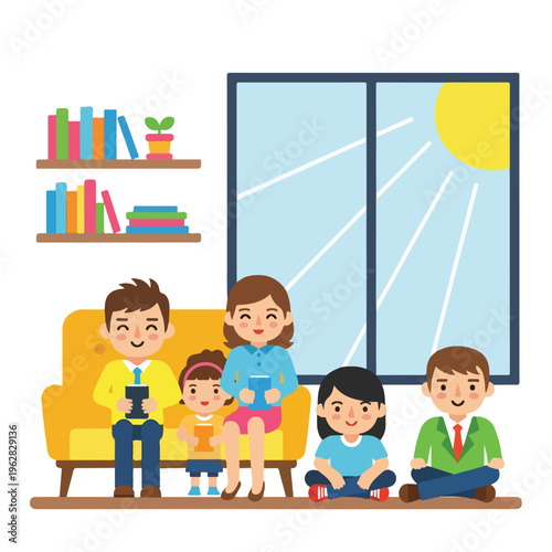 Illustration of a family gathered together, with window and books