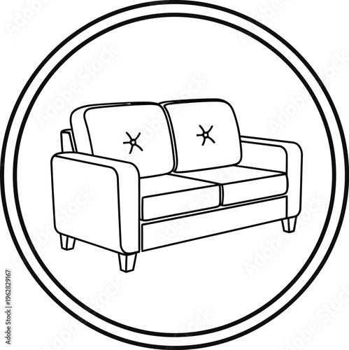 Clean line art illustration of a modern two-seater sofa or loveseat icon, featuring distinct cushion details, perfectly enclosed within a stylish double-lined circular frame for various design needs.