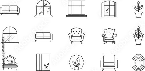Versatile collection of minimalist line art icons for home furnishings, featuring sofas, armchairs, various windows, and potted plants, ideal for design projects.