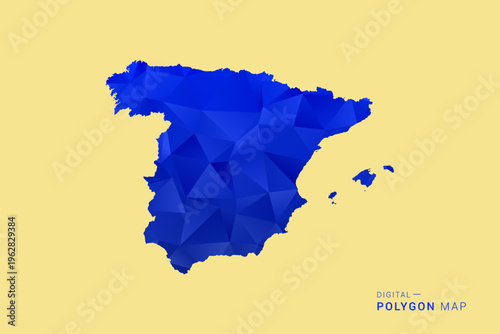 Spain Map - Low poly polygon map in deep blue gradient on soft beige background, modern minimal geometric design, clean abstract vector illustration with faceted triangulated style.
