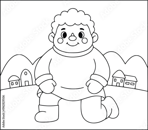 Coloring book illustration with a cute giant boy kneeling in a village