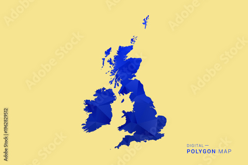 United Kingdom Map - Low poly polygon map in deep blue gradient on soft beige background, modern minimal geometric design, clean abstract vector illustration with faceted triangulated style.