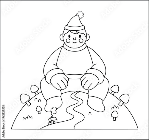 Coloring book illustration with a cute giant boy sitting on a hill with mushrooms