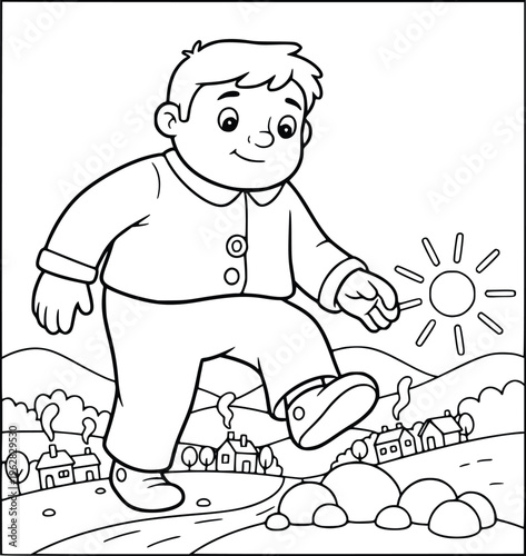 Coloring book illustration with a cute giant boy walking through a village