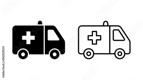 Ambulance icons in solid silhouette and outlined styles, featuring medical cross and siren, symbolizing emergency response, healthcare, rescue services, medical transport, and urgent aid design.