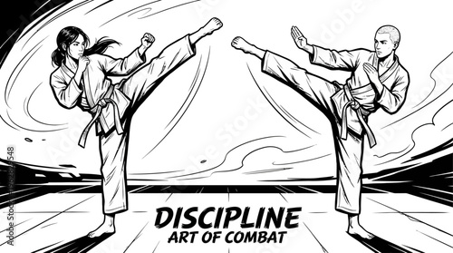 Two martial artists performing high kicks in symmetrical composition, wearing traditional uniforms, symbolizing discipline, balance, technique, combat training, philosophy, and the art of martial