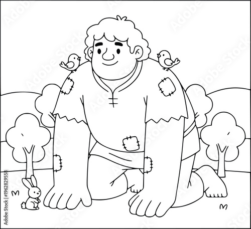 Coloring book illustration with a cute giant kneeling with birds and a rabbit