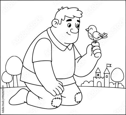 Coloring book illustration with a cute giant kneeling and holding a bird