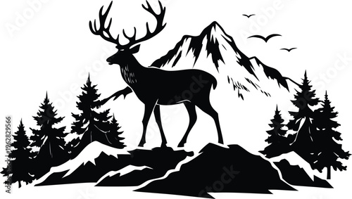 Majestic stag silhouetted against a mountainous landscape with birds
