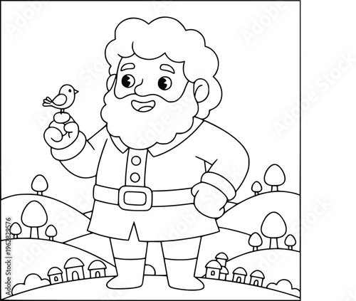 Coloring book illustration with a cute bearded giant holding a bird