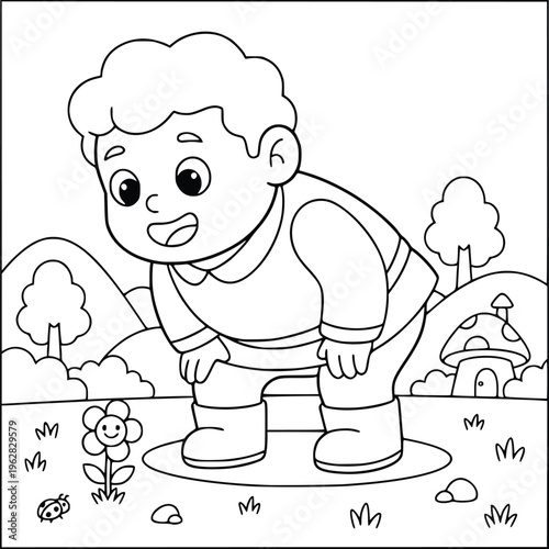 Coloring book illustration with a cute giant boy looking at a flower and ladybug