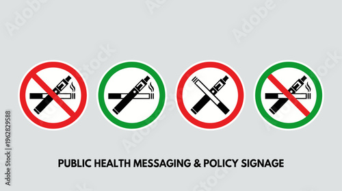 Prohibition signs featuring cigarettes and vaping devices crossed out, symbolizing smoke-free environments, health awareness, anti-smoking campaigns, public safety, and enforcement of no-smoking and n