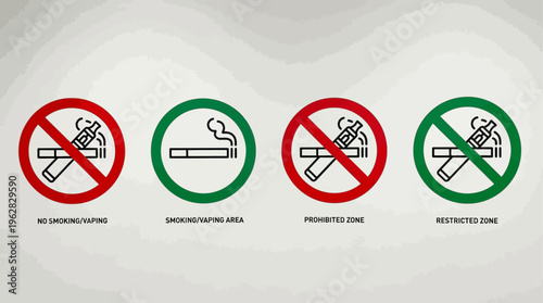 Prohibition signs featuring cigarettes and vaping devices crossed out, symbolizing smoke-free environments, health awareness, anti-smoking campaigns, public safety, and enforcement of no-smoking and n