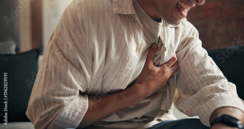 Tableau sur toile Man, hands and sick in house with chest pain, heart attack symptoms or discomfort for medical emergency