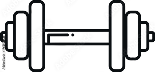 Minimalist black outline icon of a classic dumbbell weight for fitness and exercise representing strength and healthy lifestyle graphic element.