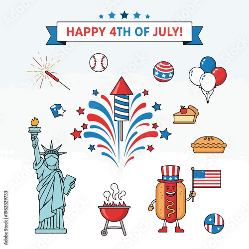 Fourth of July celebration with icons fireworks, food, flag, and patriotic symbols