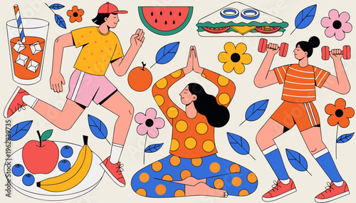 Flat vector illustration of healthy lifestyle with fitness, yoga, nutrition elements.